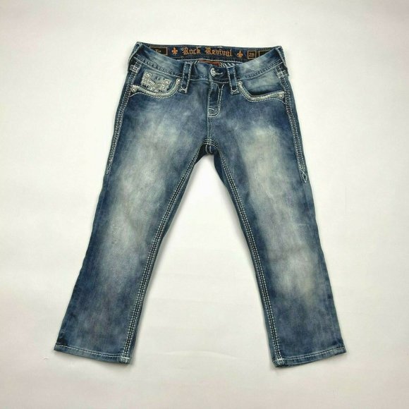 Rock Revival Xia Capri Jeans Distressed Stud Sequin Pockets Stretch Women 26 - Picture 2 of 12